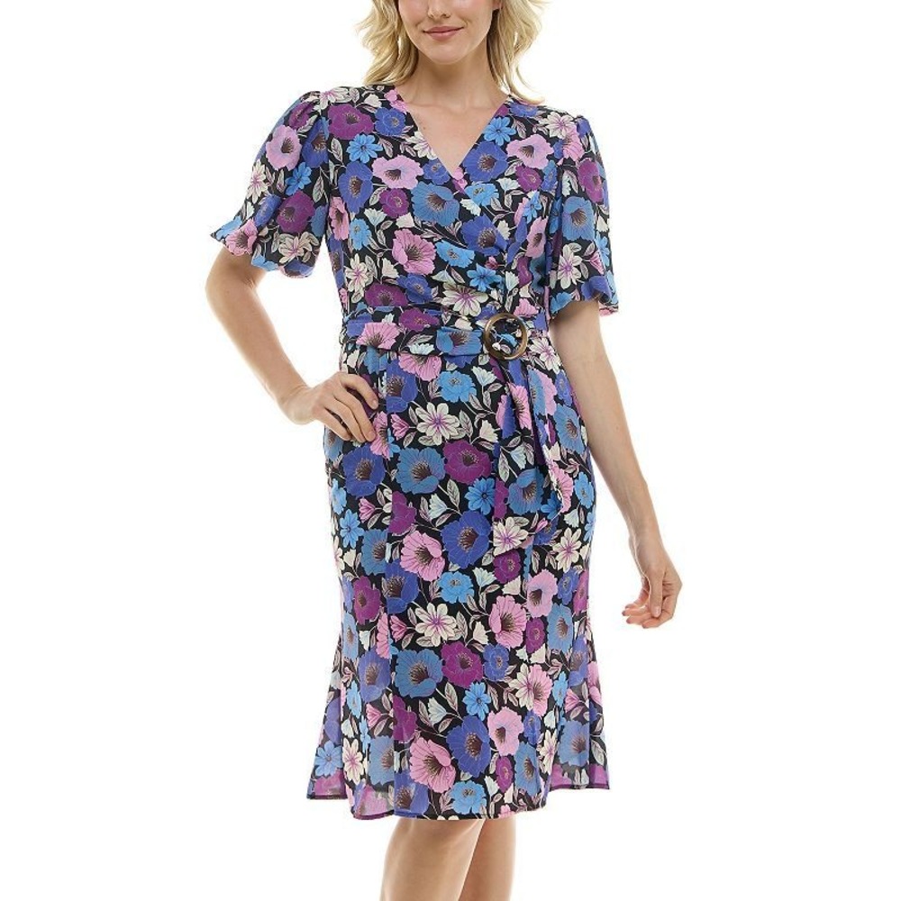 NWD Nicole Miller Multicolor Floral Puff Sleeve Faux Wrap Midi Dress Size Large